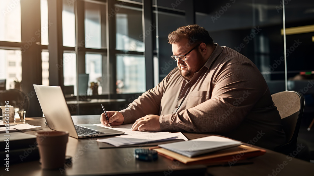 Fototapeta premium big size business man, fat man note and check on financial paper at working table.
