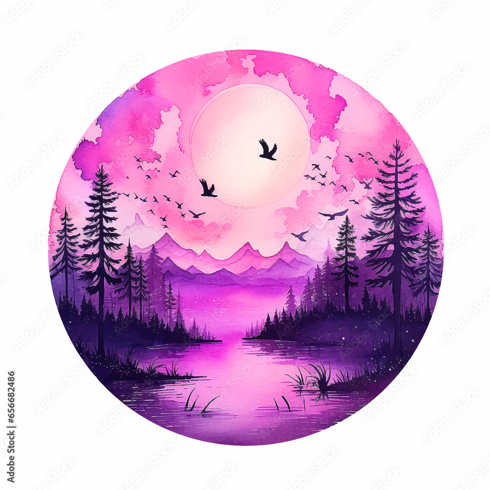 Pink sunset in nature watercolor paint 