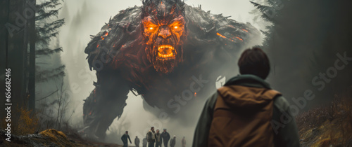 a huge beast has awakened in the mountains, it is made of stone and fire, cinematic scene style