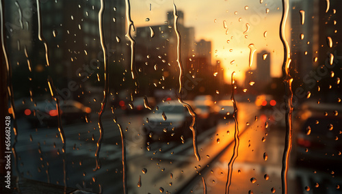  Rain drops on the window with blurred background of the city and traffic