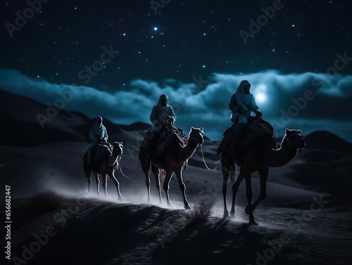 Epiphany. Three kings with camels walking through the desert.