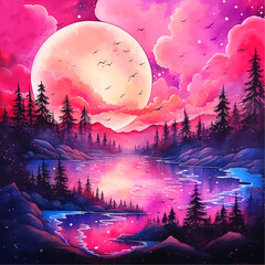 Leinwandbilder Rosa  Pink sunset nature watercolor paint  © Florin