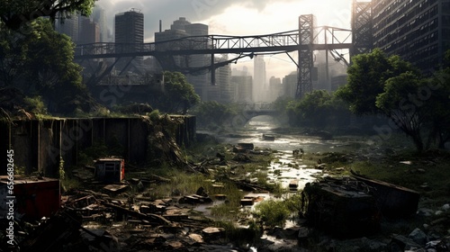 a post-apocalyptic urban wasteland, where nature slowly reclaims the concrete jungle photo