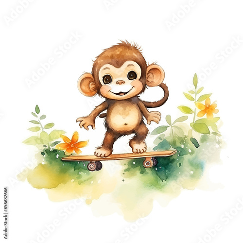 Monkey riding a skateboard watercolor paint