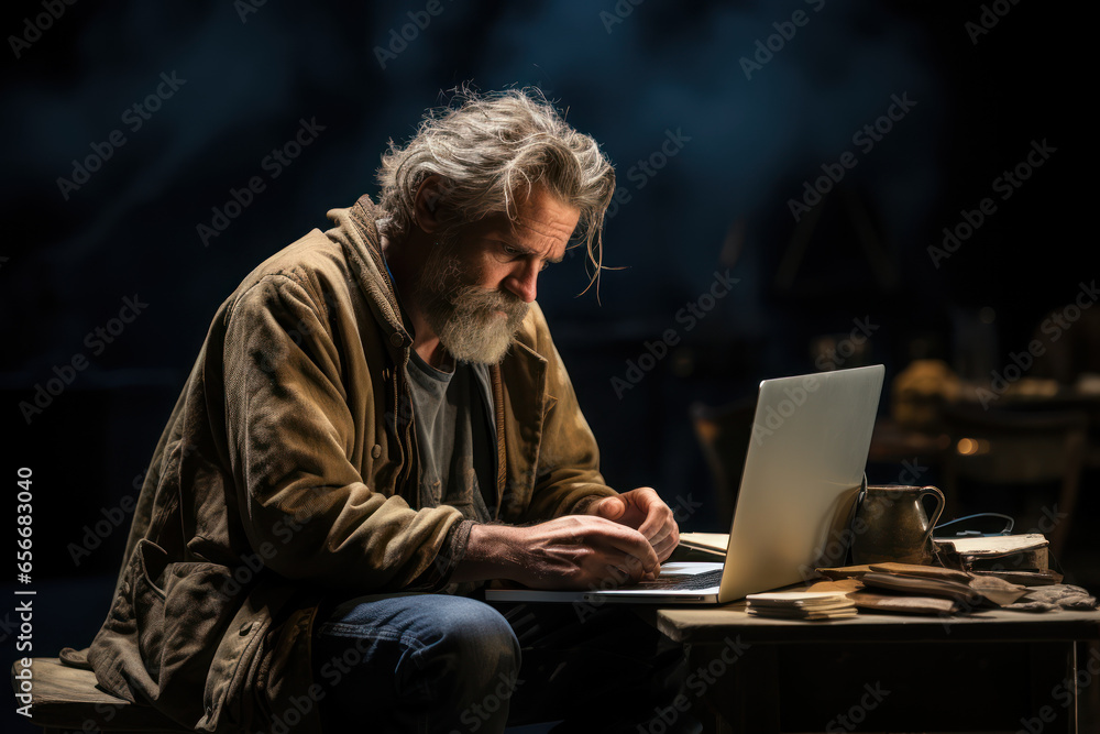 A playwright crafting dialogue for a thought-provoking theater production. Concept of dramatic creativity. Generative Ai. A playwright crafting dialogue for a thought-provoking theater production. Concept of dramatic creativity. Generative Ai.