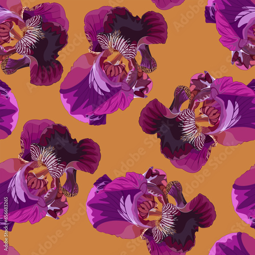 Seamless pattern with flowers of lilac iris on a yellow background 