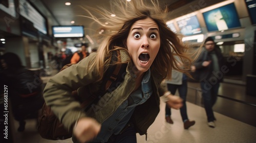 A woman is running through the airport, She is late for the plane, a frightened expression on her face. photo