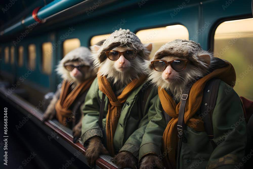 Group of funny baboon in modern clothing traveling with train