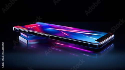 Smartphone with colorful neon lines on black background. 3d rendering