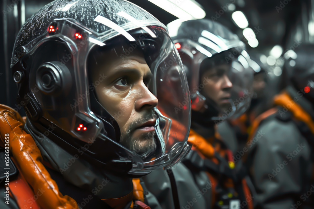 close-up of a man in a ship in space, in his suit, he is scared, cinematic scene style close-up of a man in a ship in space, in his suit, he is scared, cinematic scene style