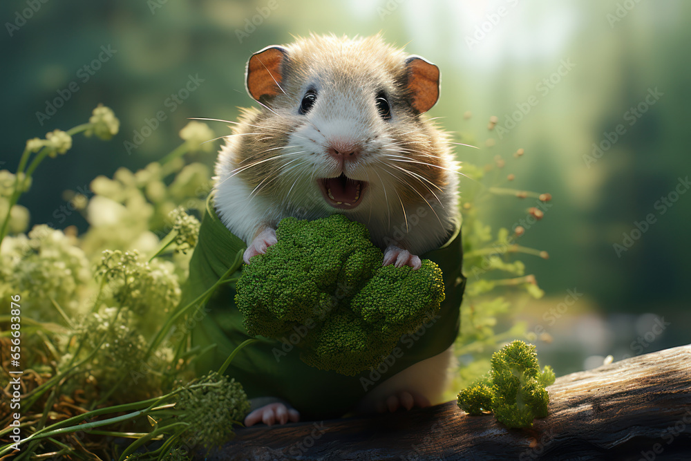 A pudgy hamster attempting to stuff an oversized piece of broccoli into its cheek pouches. Concept of hamster dining. Generative Ai. A pudgy hamster attempting to stuff an oversized piece of broccoli into its cheek pouches. Concept of hamster dining. Generative Ai.