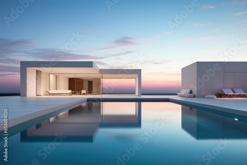 Minimalist cubic house exterior with swimming pool, modern country house, seaside holiday in modern villa, sunset view © pundapanda