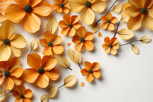 Minimalist concept, yellow flowers petals on white background