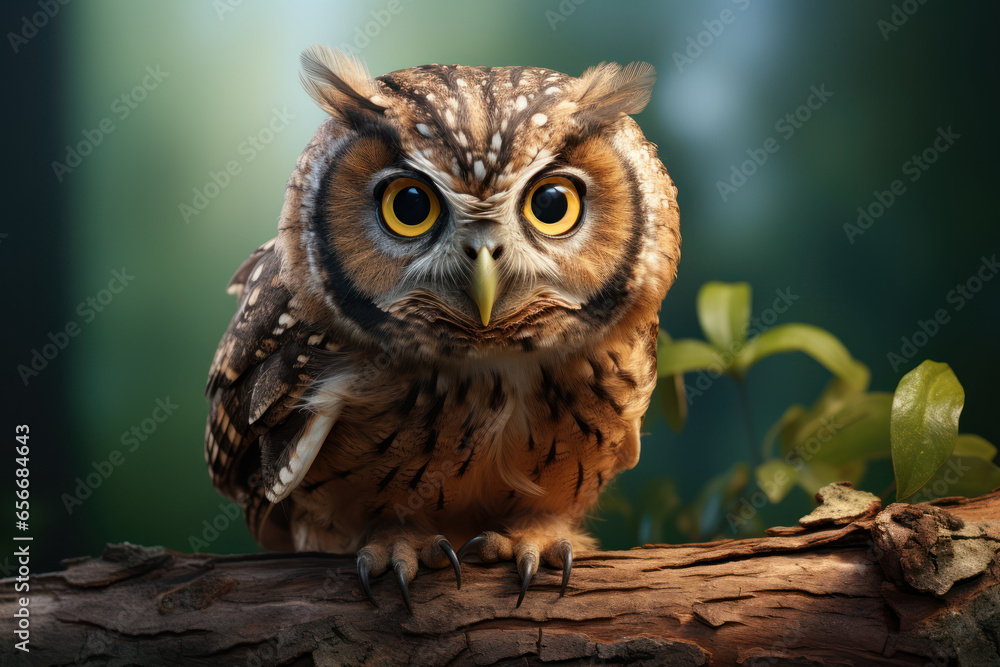 Fototapeta premium A curious owl perched on a branch, turning its head almost 180 degrees to give an exaggerated double take. Concept of owl surprise. Generative Ai.