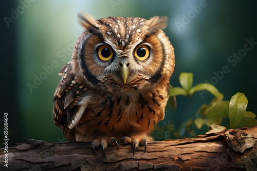 A curious owl perched on a branch, turning its head almost 180 degrees to give an exaggerated double take. Concept of owl surprise. Generative Ai.