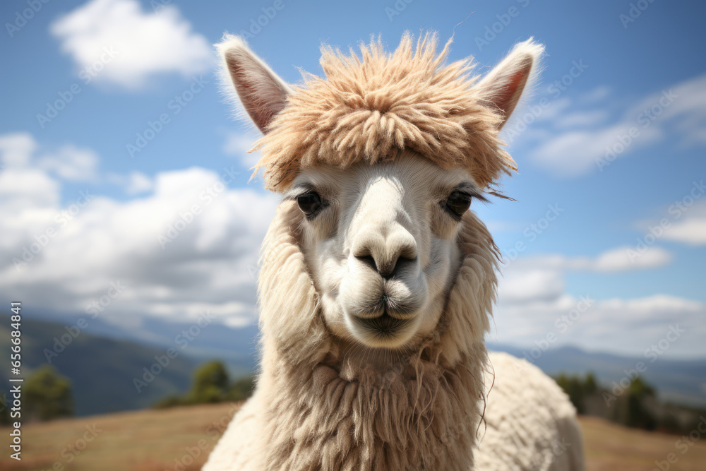 Obraz premium A bemused-looking llama giving a side-eye glance, as if contemplating the oddities of the human world. Concept of a contemplative llama. Generative Ai.