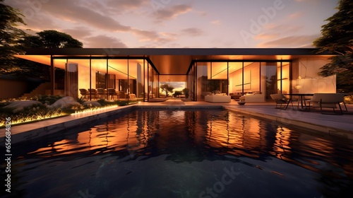 Swimming pool in a luxury villa at sunset. Panorama © Iman