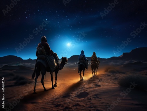 Canvas Print Epiphany. Three kings with camels walking through the desert.