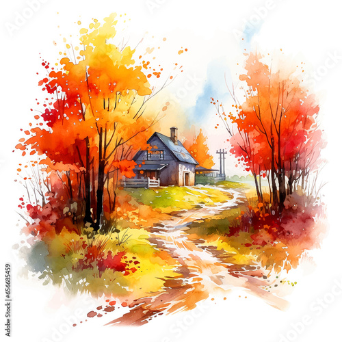 Beautiful house in autumn nature watercolor paintt photo