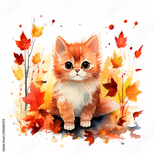 Cute kitty in autumn watercolor paint © Florin