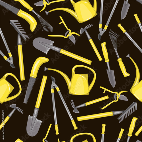 seamless pattern with gardening tools on brown background 