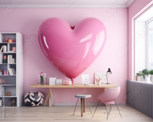 A heart-filled office design is revealed with a large pink heart balloon adorning the wall  filled with stylish furniture  a vase of flowers  and shelves of trinkets to bring life and love to the roo