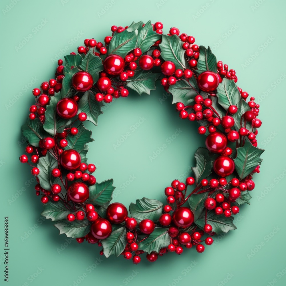 This festive christmas wreath of red berries and leaves is a joyous symbol of the coming new year, perfect for sprucing up any wallpaper or adorning jewelry This festive christmas wreath of red berries and leaves is a joyous symbol of the coming new year, perfect for sprucing up any wallpaper or adorning jewelry