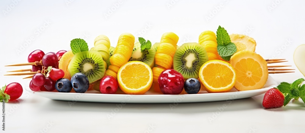 Assortment of healthy fruit kebabs for a party with copyspace for text Assortment of healthy fruit kebabs for a party with copyspace for text