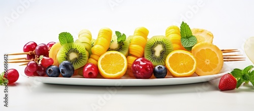 Assortment of healthy fruit kebabs for a party with copyspace for text