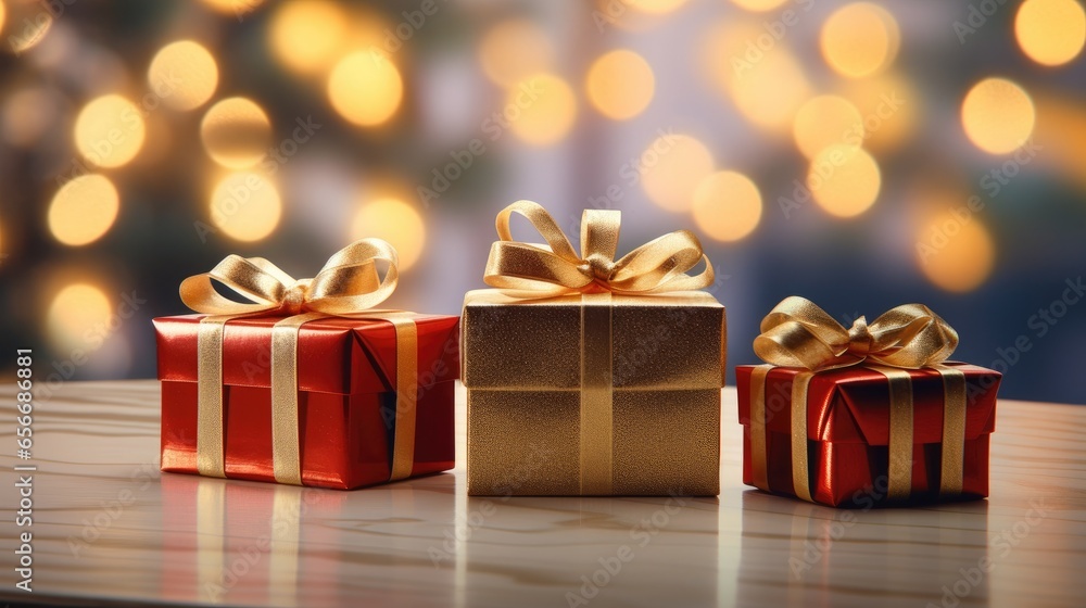Classic Christmas gifts on a table with golden lights Classic Christmas gifts on a table with golden lights