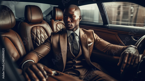 Successful black man in a business suit sitting in luxurious leather car interior, © JKLoma
