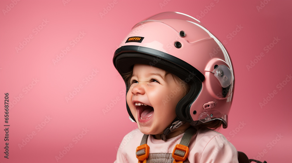 toddler laughing while wearing a pink helmet toddler laughing while wearing a pink helmet