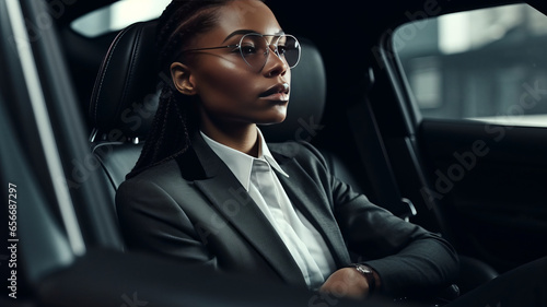 Successful black woman in a business suit sitting in luxurious leather car interior.