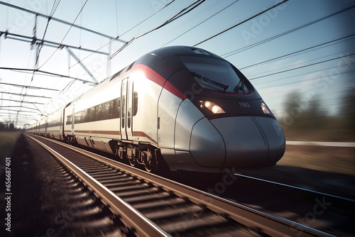 High speed train on the railway track with motion blur background, Commercial transportation, modern passenger train photo