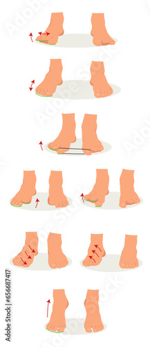 A set of relaxing exercises for the feet. Rehabilitation exercises for the feet. Vector illustration

