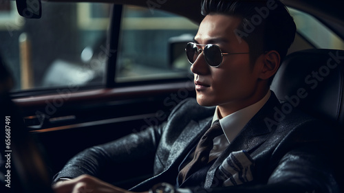Successful asian man in a business suit sitting in luxurious leather car interior. photo