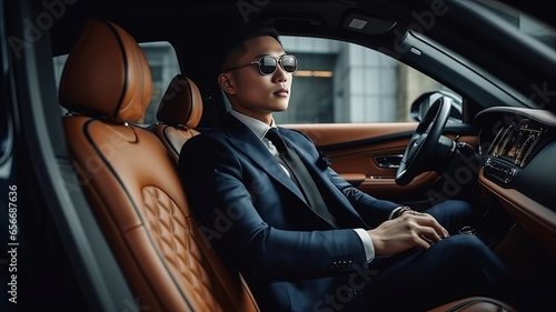Successful asian man in a business suit sitting in luxurious leather car interior. © JKLoma
