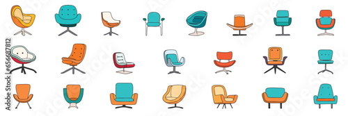 Large collection of modern chair isolated on white background. Modern armchairs colored outline. Vector illustration.
