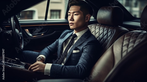 Successful asian man in a business suit sitting in luxurious leather car interior.