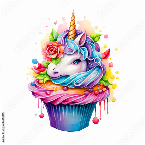 Unicorn cupcake watercolor paint art 