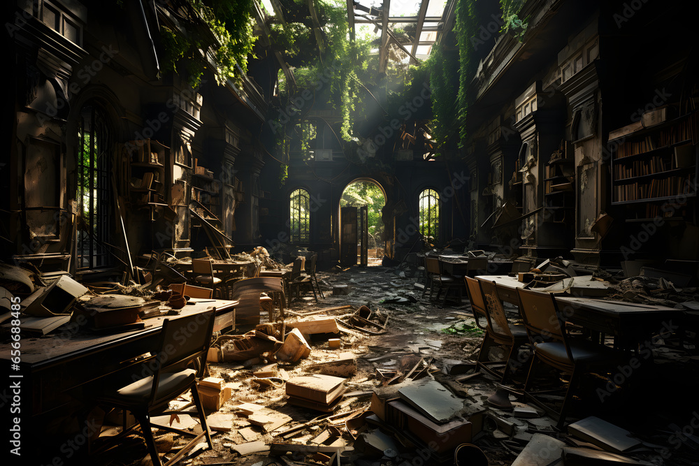 Ruins of school library at war zone. - obrazy, fototapety, plakaty 