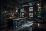 Interior of a modern cafe and bar in hotel with barstools. 3d rendering mock up