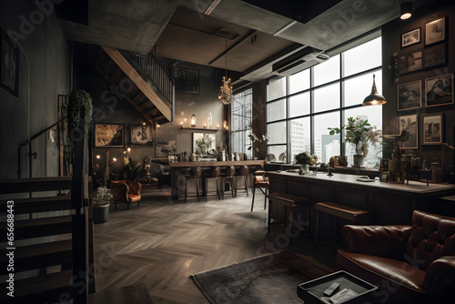 Interior of a modern cafe and bar in hotel with barstools. 3d rendering mock up