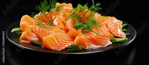 Plated smoked salmon with copyspace for text