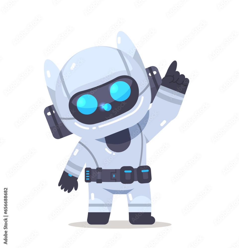 Cute cartoon robot pointing his finger up. Modern bot flat vector illustration Cute cartoon robot pointing his finger up. Modern bot flat vector illustration
