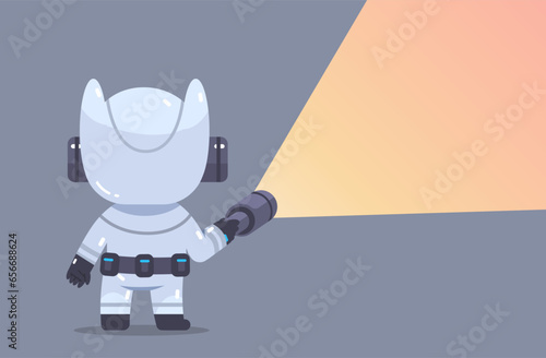 Robot shine a flashlight back view. Vector flat illustration