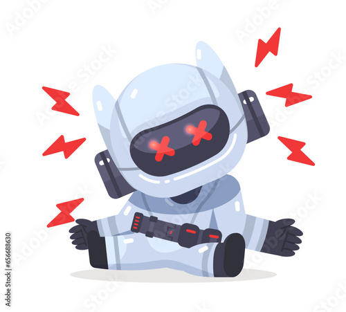 Broken cartoon robot lying on the floor. Error concept. Crash systems