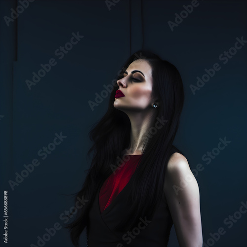 A woman with long black hair and heavy makeup wearing a red dress
