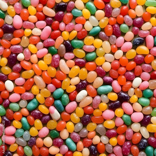 A close up of many different colored bean candies