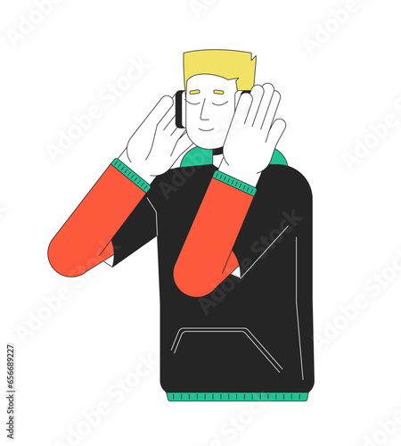 Pressing headphones teen boy 2D linear cartoon character. Listening to music beats isolated line vector person white background. Meditating closed eyes. Music lover color flat spot illustration